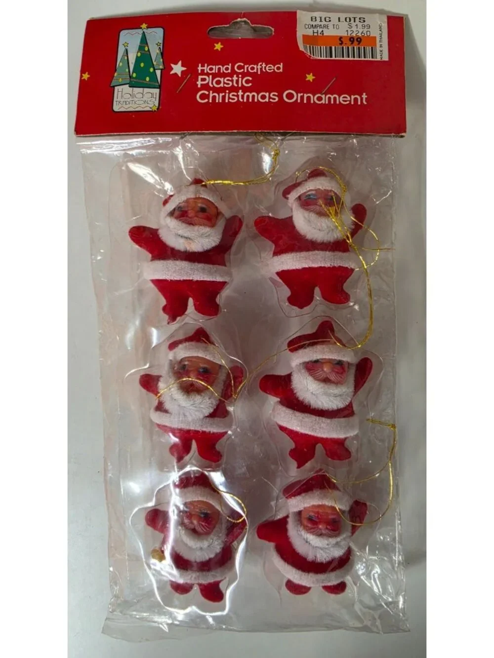 Vintage Holiday Traditions Flocked Santa Christmas Ornaments Set of 6 Sealed